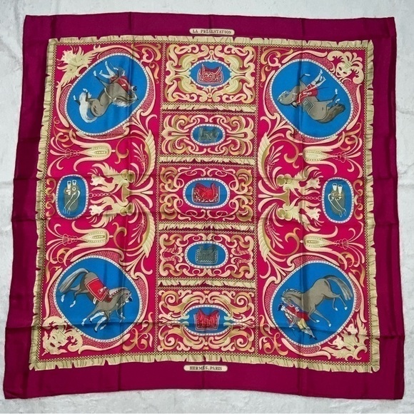 Hermes 100% Silk Scarf “LA PRESENTATIONS” Purple Knight Carriage Carre 90 - Picture 1 of 15
